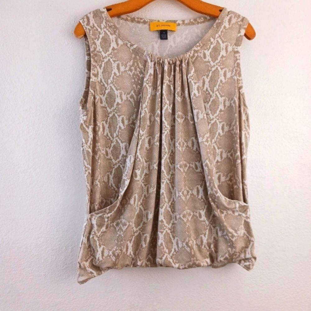 St. John Sleeveless Top Droopy Kangaroo Pockets Snakeskin Pattern Taupe Size M